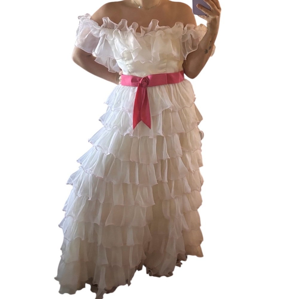 Vintage 60’s/70’s Off-Shoulder Princess Ruffled White Dress with Pink Bow Belt